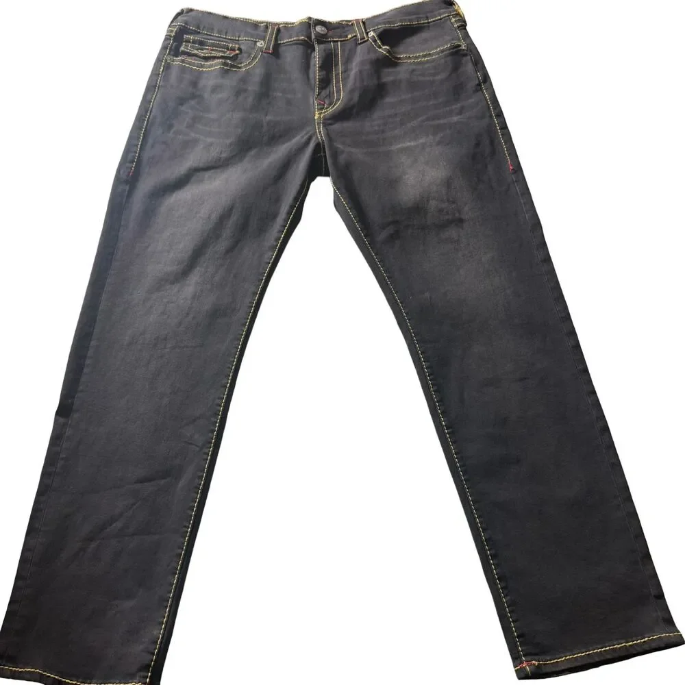 True Religion Geno Relaxed Slim Black Jeans Red Stitch Flap Pocket Men’s 38x31